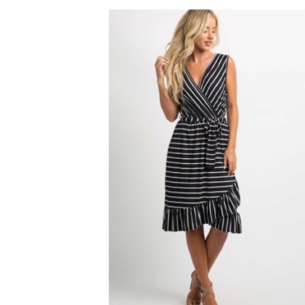 Pinkblush Black/White striped ruffle wrap dress XL